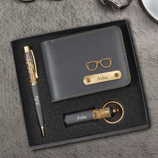 Personalised Gift Combo Men's Wallet With Charm - Grey - Uncommongifts.in